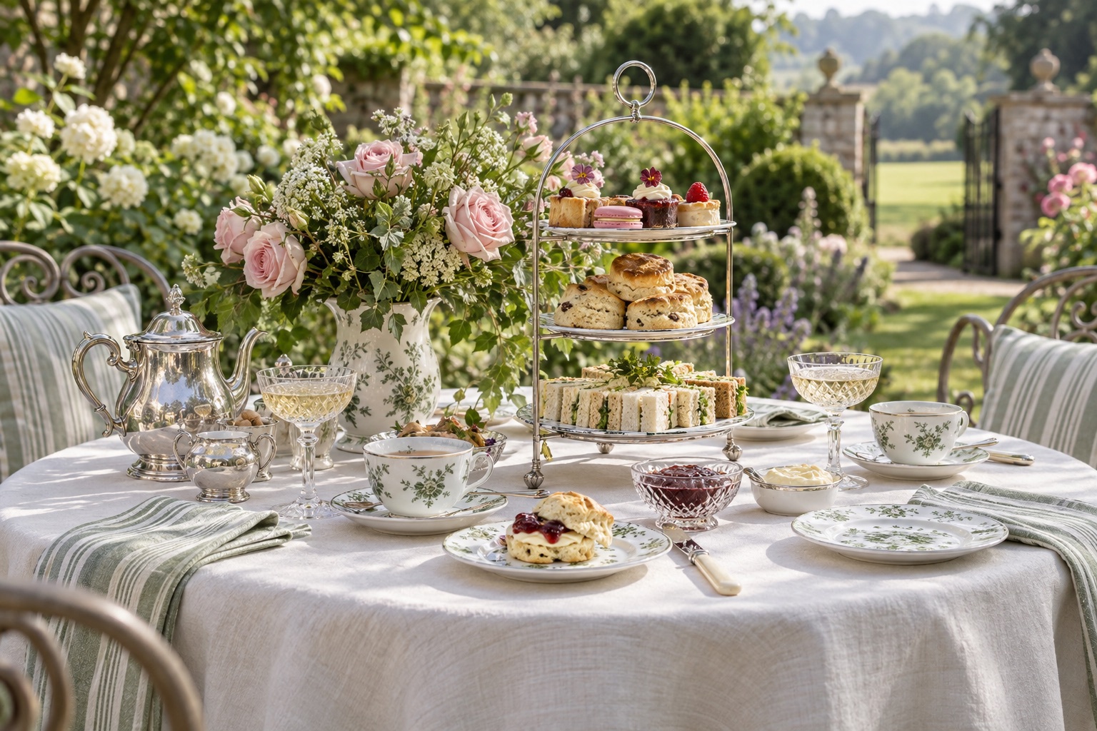 Afternoon tea inspiration: a garden table with fine china, flowers, cakes and green striped linen